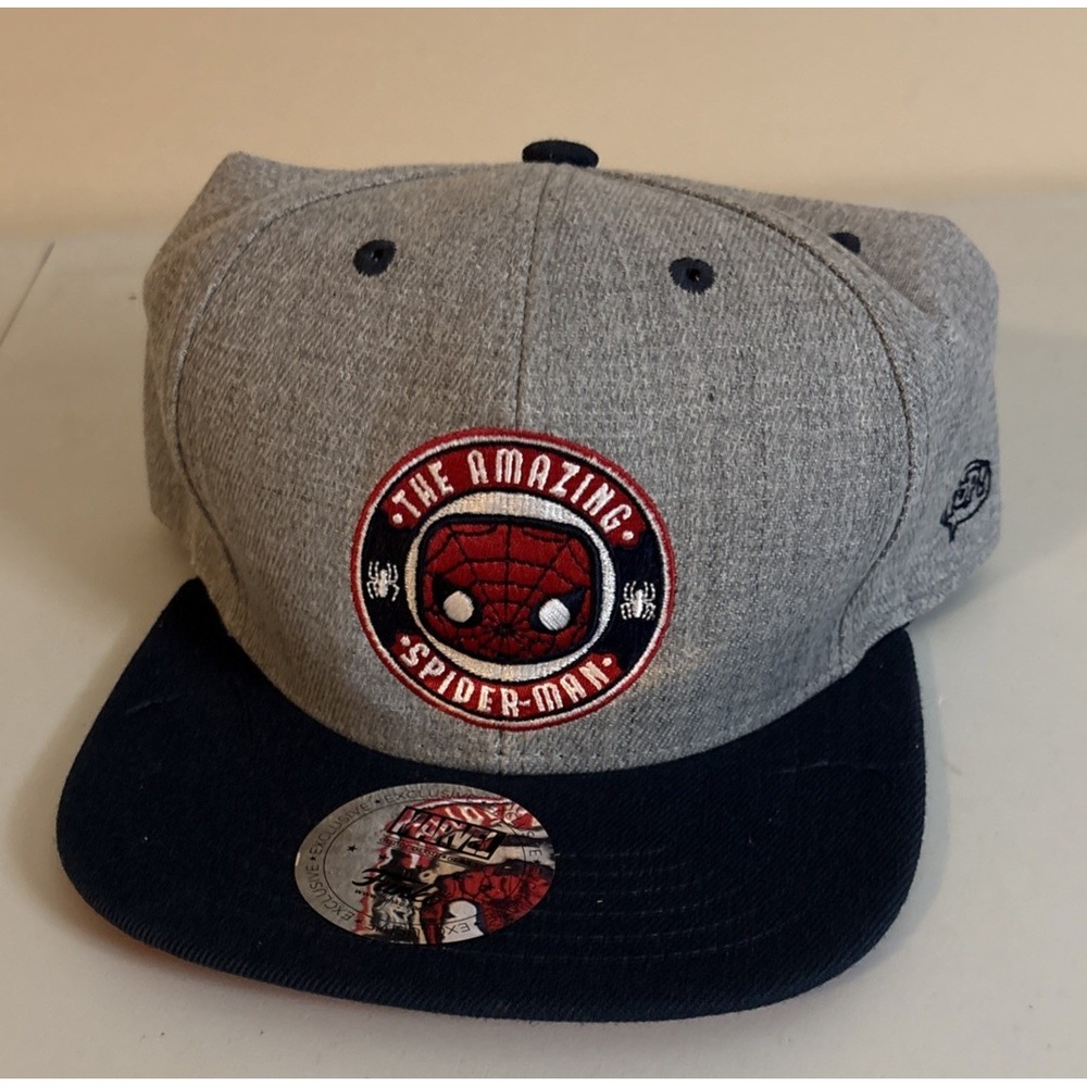 Funko Pop Hat Cap Snap Back Mens Spiderman Marvel Blue Gray Adjustable Logo
